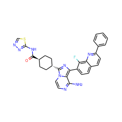 Nc1nccn2c1c(-c1ccc3ccc(-c4ccccc4)nc3c1F)nc2[C@H]1CC[C@H](C(=O)Nc2nncs2)CC1 ZINC000254011760