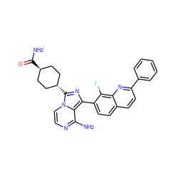 Nc1nccn2c1c(-c1ccc3ccc(-c4ccccc4)nc3c1F)nc2[C@H]1CC[C@H](C(N)=O)CC1 ZINC000261178319