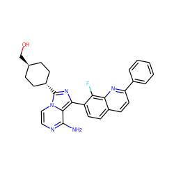 Nc1nccn2c1c(-c1ccc3ccc(-c4ccccc4)nc3c1F)nc2[C@H]1CC[C@H](CO)CC1 ZINC000261088725