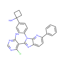 Nc1ncnc(Cl)c1-c1nc2ccc(-c3ccccc3)nc2n1-c1ccc(C2(N)CCC2)cc1 ZINC000169705882