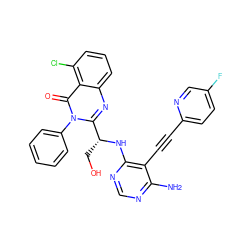 Nc1ncnc(N[C@H](CO)c2nc3cccc(Cl)c3c(=O)n2-c2ccccc2)c1C#Cc1ccc(F)cn1 ZINC000219060410