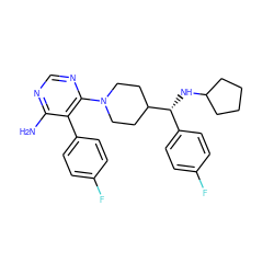 Nc1ncnc(N2CCC([C@H](NC3CCCC3)c3ccc(F)cc3)CC2)c1-c1ccc(F)cc1 ZINC000219034162