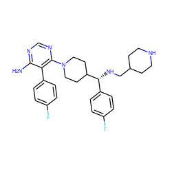 Nc1ncnc(N2CCC([C@H](NCC3CCNCC3)c3ccc(F)cc3)CC2)c1-c1ccc(F)cc1 ZINC000219319382