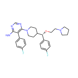 Nc1ncnc(N2CCC([C@H](OCCN3CCCC3)c3ccc(F)cc3)CC2)c1-c1ccc(F)cc1 ZINC000219305980