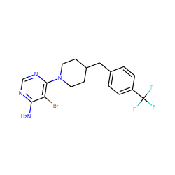 Nc1ncnc(N2CCC(Cc3ccc(C(F)(F)F)cc3)CC2)c1Br ZINC000219316437