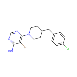 Nc1ncnc(N2CCC(Cc3ccc(Cl)cc3)CC2)c1Br ZINC001772617740