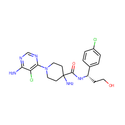 Nc1ncnc(N2CCC(N)(C(=O)N[C@@H](CCO)c3ccc(Cl)cc3)CC2)c1Cl ZINC000219320503