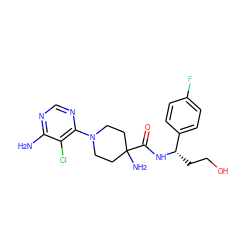 Nc1ncnc(N2CCC(N)(C(=O)N[C@@H](CCO)c3ccc(F)cc3)CC2)c1Cl ZINC000219315423