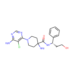 Nc1ncnc(N2CCC(N)(C(=O)N[C@@H](CCO)c3ccccc3)CC2)c1Cl ZINC000219320383