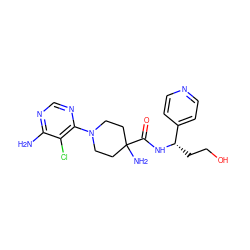 Nc1ncnc(N2CCC(N)(C(=O)N[C@@H](CCO)c3ccncc3)CC2)c1Cl ZINC000219306272