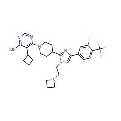 Nc1ncnc(N2CCC(c3nc(-c4ccc(C(F)(F)F)c(F)c4)cn3CCN3CCC3)CC2)c1C1CCC1 ZINC000219734353