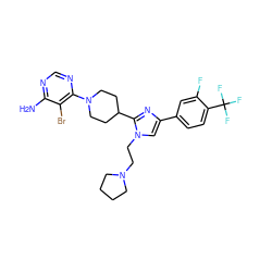 Nc1ncnc(N2CCC(c3nc(-c4ccc(C(F)(F)F)c(F)c4)cn3CCN3CCCC3)CC2)c1Br ZINC000219780086