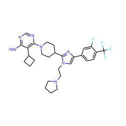 Nc1ncnc(N2CCC(c3nc(-c4ccc(C(F)(F)F)c(F)c4)cn3CCN3CCCC3)CC2)c1C1CCC1 ZINC000219743157