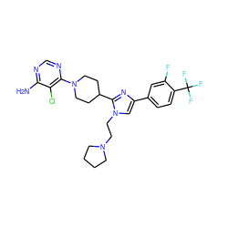 Nc1ncnc(N2CCC(c3nc(-c4ccc(C(F)(F)F)c(F)c4)cn3CCN3CCCC3)CC2)c1Cl ZINC000219750972