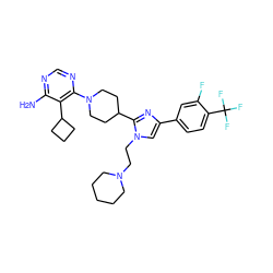 Nc1ncnc(N2CCC(c3nc(-c4ccc(C(F)(F)F)c(F)c4)cn3CCN3CCCCC3)CC2)c1C1CCC1 ZINC000219746407