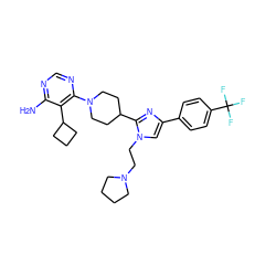 Nc1ncnc(N2CCC(c3nc(-c4ccc(C(F)(F)F)cc4)cn3CCN3CCCC3)CC2)c1C1CCC1 ZINC001772622916