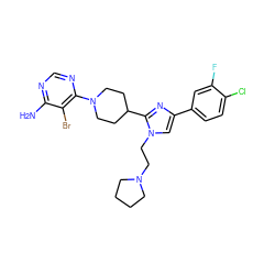 Nc1ncnc(N2CCC(c3nc(-c4ccc(Cl)c(F)c4)cn3CCN3CCCC3)CC2)c1Br ZINC000219781999