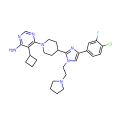 Nc1ncnc(N2CCC(c3nc(-c4ccc(Cl)c(F)c4)cn3CCN3CCCC3)CC2)c1C1CCC1 ZINC000219781487