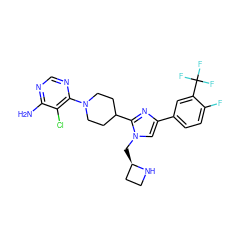 Nc1ncnc(N2CCC(c3nc(-c4ccc(F)c(C(F)(F)F)c4)cn3C[C@@H]3CCN3)CC2)c1Cl ZINC000219779403