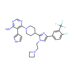 Nc1ncnc(N2CCC(c3nc(-c4ccc(F)c(C(F)(F)F)c4)cn3CCN3CCC3)CC2)c1-c1cc[nH]c1 ZINC001772657138