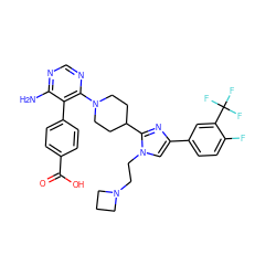 Nc1ncnc(N2CCC(c3nc(-c4ccc(F)c(C(F)(F)F)c4)cn3CCN3CCC3)CC2)c1-c1ccc(C(=O)O)cc1 ZINC000219780594