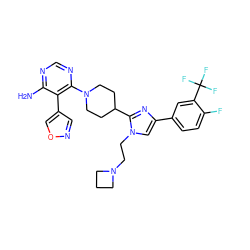 Nc1ncnc(N2CCC(c3nc(-c4ccc(F)c(C(F)(F)F)c4)cn3CCN3CCC3)CC2)c1-c1cnoc1 ZINC000219778788