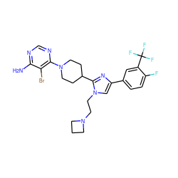 Nc1ncnc(N2CCC(c3nc(-c4ccc(F)c(C(F)(F)F)c4)cn3CCN3CCC3)CC2)c1Br ZINC000218775922