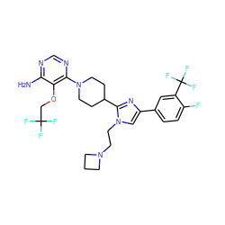 Nc1ncnc(N2CCC(c3nc(-c4ccc(F)c(C(F)(F)F)c4)cn3CCN3CCC3)CC2)c1OCC(F)(F)F ZINC000219731423