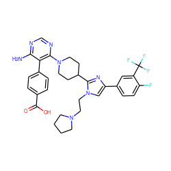 Nc1ncnc(N2CCC(c3nc(-c4ccc(F)c(C(F)(F)F)c4)cn3CCN3CCCC3)CC2)c1-c1ccc(C(=O)O)cc1 ZINC001772640383