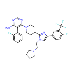 Nc1ncnc(N2CCC(c3nc(-c4ccc(F)c(C(F)(F)F)c4)cn3CCN3CCCC3)CC2)c1-c1ccccc1F ZINC000219774275