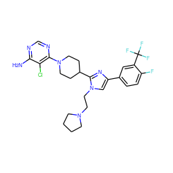 Nc1ncnc(N2CCC(c3nc(-c4ccc(F)c(C(F)(F)F)c4)cn3CCN3CCCC3)CC2)c1Cl ZINC000219750585