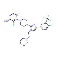 Nc1ncnc(N2CCC(c3nc(-c4ccc(F)c(C(F)(F)F)c4)cn3CCN3CCCCC3)CC2)c1Cl ZINC001772620938