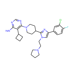 Nc1ncnc(N2CCC(c3nc(-c4ccc(F)c(Cl)c4)cn3CCN3CCCC3)CC2)c1C1CCC1 ZINC000219780995