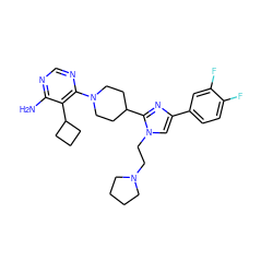 Nc1ncnc(N2CCC(c3nc(-c4ccc(F)c(F)c4)cn3CCN3CCCC3)CC2)c1C1CCC1 ZINC000219744130