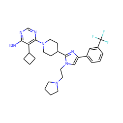 Nc1ncnc(N2CCC(c3nc(-c4cccc(C(F)(F)F)c4)cn3CCN3CCCC3)CC2)c1C1CCC1 ZINC000219748266