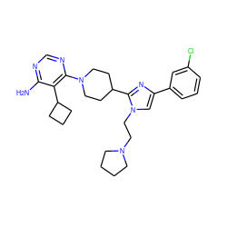 Nc1ncnc(N2CCC(c3nc(-c4cccc(Cl)c4)cn3CCN3CCCC3)CC2)c1C1CCC1 ZINC000219781803