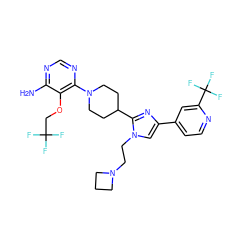 Nc1ncnc(N2CCC(c3nc(-c4ccnc(C(F)(F)F)c4)cn3CCN3CCC3)CC2)c1OCC(F)(F)F ZINC001772626175