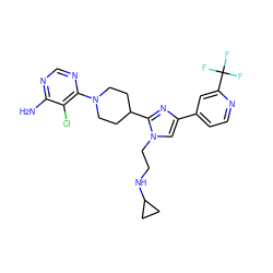 Nc1ncnc(N2CCC(c3nc(-c4ccnc(C(F)(F)F)c4)cn3CCNC3CC3)CC2)c1Cl ZINC000206950718