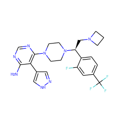 Nc1ncnc(N2CCN([C@@H](CN3CCC3)c3ccc(C(F)(F)F)cc3F)CC2)c1-c1cn[nH]c1 ZINC001772643736