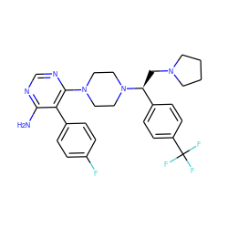 Nc1ncnc(N2CCN([C@@H](CN3CCCC3)c3ccc(C(F)(F)F)cc3)CC2)c1-c1ccc(F)cc1 ZINC000218693257