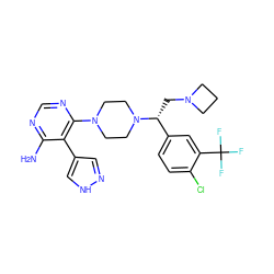 Nc1ncnc(N2CCN([C@H](CN3CCC3)c3ccc(Cl)c(C(F)(F)F)c3)CC2)c1-c1cn[nH]c1 ZINC000219090859