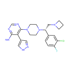 Nc1ncnc(N2CCN([C@H](CN3CCC3)c3ccc(F)c(Cl)c3)CC2)c1-c1cn[nH]c1 ZINC000218688040