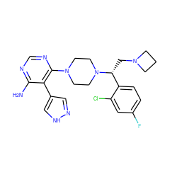 Nc1ncnc(N2CCN([C@H](CN3CCC3)c3ccc(F)cc3Cl)CC2)c1-c1cn[nH]c1 ZINC000218683789