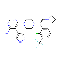 Nc1ncnc(N2CCN([C@H](CN3CCC3)c3cccc(C(F)(F)F)c3Cl)CC2)c1-c1cn[nH]c1 ZINC000219317549