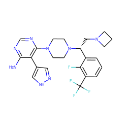 Nc1ncnc(N2CCN([C@H](CN3CCC3)c3cccc(C(F)(F)F)c3F)CC2)c1-c1cn[nH]c1 ZINC000219304352