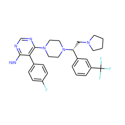 Nc1ncnc(N2CCN([C@H](CN3CCCC3)c3cccc(C(F)(F)F)c3)CC2)c1-c1ccc(F)cc1 ZINC000219308191