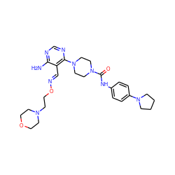 Nc1ncnc(N2CCN(C(=O)Nc3ccc(N4CCCC4)cc3)CC2)c1/C=N/OCCN1CCOCC1 ZINC000028824253