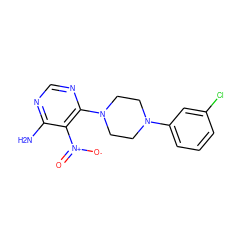 Nc1ncnc(N2CCN(c3cccc(Cl)c3)CC2)c1[N+](=O)[O-] ZINC000003912692