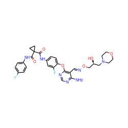 Nc1ncnc(Oc2ccc(NC(=O)C3(C(=O)Nc4ccc(F)cc4)CC3)cc2F)c1/C=N/OC[C@@H](O)CN1CCOCC1 ZINC000653857966