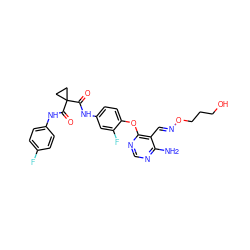 Nc1ncnc(Oc2ccc(NC(=O)C3(C(=O)Nc4ccc(F)cc4)CC3)cc2F)c1/C=N/OCCCO ZINC000205430325